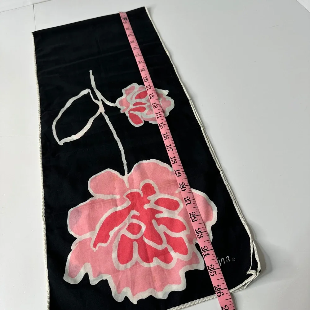 Vtg Vera Neumann Silk? Scarf Black Pink Mod Floral Mid Century Hand Rolled READ